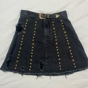 Retrofete Black Denim Gold Embellished Western Mini Skirt